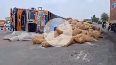 झांसी: बिनोला दाना से भरा ट्रक रक्सा के सुजवाहा तिराहे पर चार पहिया वाहन बचाने के चक्कर में अनियंत्रित होकर पलटा