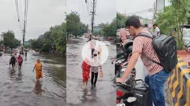 मथुरा: शहर के BSA  रोड पर बारिश के पानी में फंसे श्रद्धालु , नगर निगम सहित जन प्रतिनिधियों को कोसा #जन समस्या