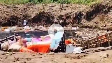 महू गांव के कंकड़ पूरा तालाब में गणेश प्रतिमाओं का विसर्जन, गंदगी में पड़ी प्रतिमाएं