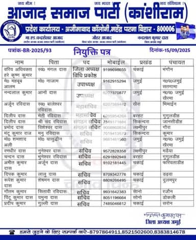 आजाद समाज पार्टी काo के राष्ट्रीय अध्यक्ष माo बड़े भाई चंद्रशेखर आजाद जी एवं जौहर आजाद जी के निर्देशानुसार जिला कमेटी जमुई का गठन हुआ