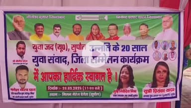 सुपौल: शहर के मिलन मैरेज पैलेस में युवा जदयू का शक्ति प्रदर्शन, "उन्नति के 20 वर्ष" युवा संवाद कार्यक्रम का भव्य आयोजन