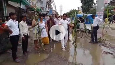 कानपुर: नौबस्ता बंबा से करही जाने वाली रोड पर लोगों ने पानी भरी सड़क पर वृक्षारोपण कर किया विरोध प्रदर्शन