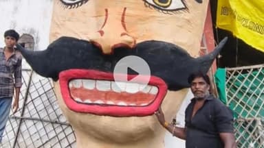 खंडवा नगर: खंडवा में दिखा 3D मूंछों वाला रावण, बारिश से बचाव के लिए वॉटर प्रूफ रंगों का उपयोग