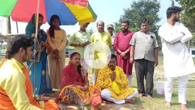 महागामा: नगर पंचायत महागामा के महुआरा स्थित यज्ञ स्थल पर श्री-श्री 1008 महाविष्णु यज्ञ एवं रामकथा के लिए हुआ भूमि पूजन