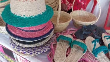 लखीमपुर: कलेक्ट्रेट सभागार में ग्लोबल इन्वेस्टर्स समिट के दौरान चंदन चौकी से आई थारू समाज की महिला ने लगाया हस्तनिर्मित स्टॉल