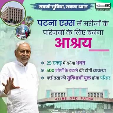 अब #पटना_एम्स में इलाज कराने गए मरीजों के परिजनों के लिए आश्रय भवन बनेगा, जिसमें कई तरह की सुविधाएं भी उपलब्ध होंगी।

जनकल्याण के लिए नित नए कदम नीतीश सरकार की पहचान बन गयी है।