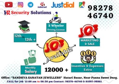 Job Available
12th या 12th + Qualified लोगों के लिये मार्केटिंग जॉब, मासिक वेतन : 12000/- + Incentive अलग से