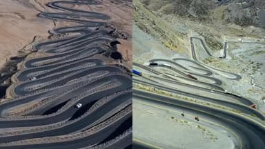 चिली में स्थित CH _60 राजमार्ग के 1 एक हिस्से में लार्स काराकोल्स की अदरक का वीडियो सोशल मीडिया पर वायरल हो रहा है यह सड़क वास्तुशिल्प का चमत्कार है जिसमें 40 से अधिक बॉर्डर क्रॉसिंग है देखने में रोड किसी घोंघे की तरह दिखाई पड़ती है