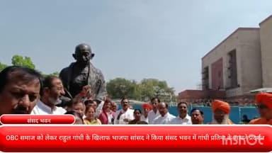 पार्लियामेंट स्ट्रीट: राहुल गांधी के खिलाफ भाजपा सांसद ने संसद भवन में गांधी प्रतिमा के सामने किया प्रदर्शन