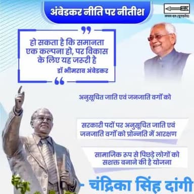 बाबा साहेब की नीति पर चलते हुए मुख्यमंत्री Nitish Kumar  जी ने एससी-एसटी को पदोन्नति में आरक्षण देकर उनका सशक्त प्रतिनिधित्व सुनिश्चित की।
#BRAmbedkar #BabaSahab