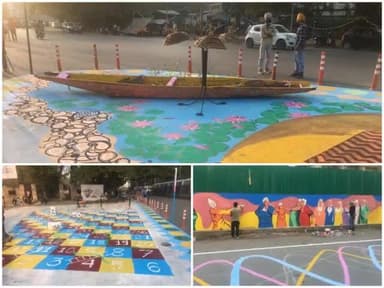 श्रीनगर में मंगलवार को जी-20 बैठक से पहले श्रीनगर स्मार्ट सिटी परियोजना के तहत चित्रकार दीवारों में सड़कों को सजाते हुए दीवारों पर उकेरी अपनी अपनी कला