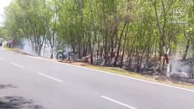 देवीपुर: देवीपुर देवघर के मुख्य मार्ग स्थित सड़क किनारे जंगल में अचानक लगी आग, बुझाने में जुटे वन कर्मी