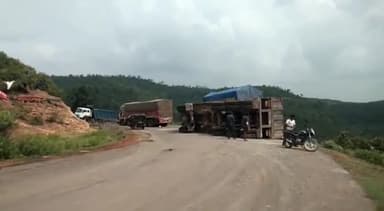 सरई: अमिलिया घाटी पर कोयला लो ट्रेलर वाहन पलटा चालक बाल-बाल बचे