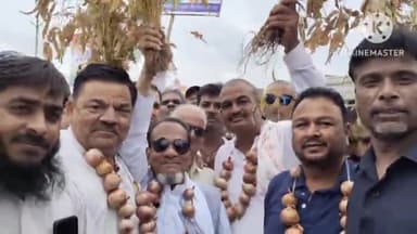 सुसनेर: सड़े हुए प्याज की माला गले में पहनकर व सोयाबीन की खराब फसल हाथों में लेकर कांग्रेस ने सुसनेर में निकाली रैली