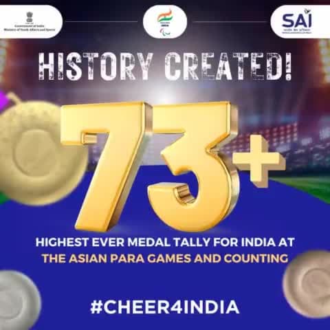 India's performance at the #AsianParaGames has been nothing short of extraordinary, clinching an impressive 73 medals and more to come. 
Our exceptional athletes are raising our nation's flag to new heights, earning a well-des