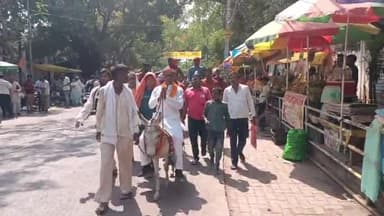 गोपालगंज: लोकसभा चुनाव में गधा पर चढ़कर नामांकन पत्र दाखिल करने कलेक्ट्रेट परिसर पहुंचे निर्दलीय प्रत्याशी, उमड़ी भीड़।