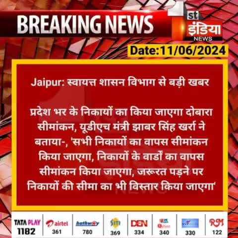 #सीमांकन 
प्रदेश मे एक बार फिर से सीमांकन व वार्ड विस्तार किये जाने 
के हुये आदेश जारी