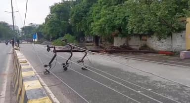 कानपुर: तुफानी बारिश के बाद शहर में बिजली के पोल उखड़े, आवागमन बाधित, संजय वन रोड का देखिए हाल