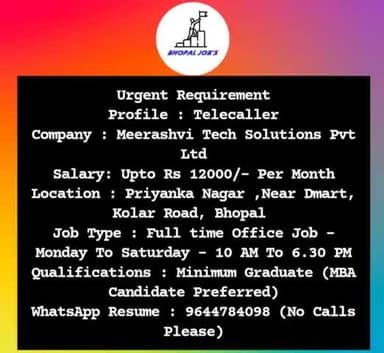 इस वेकेंसी को अपने जरूरतमंद लोगों के साथ शेयर करे। ❤️

#Bhopal #Bhopaljobs #Vacancy #Jobs #indore #indorejob #mpjobs