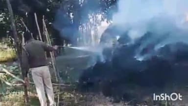 मड़िहान: राजगढ़ थाना क्षेत्र के नदी हार गांव में धान की थ्रेसिंग करते समय विद्युत सार सर्किट से 9 बीघे का पुआल जलकर हुआ राख