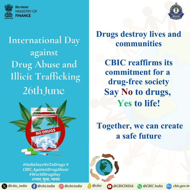 <nis:link nis:type=tag nis:id=IndiaSayNoToDrugs nis:value=IndiaSayNoToDrugs nis:enabled=true nis:link/> <nis:link nis:type=tag nis:id=WorldDrugDay nis:value=WorldDrugDay nis:enabled=true nis:link/> <nis:link nis:type=tag nis:id=CBIC_AgainstDrugAbuse nis:value=CBIC_AgainstDrugAbuse nis:enabled=true nis:link/> <nis:link nis:type=tag nis:id=नशा_मुक्त_भारत nis:value=नशा_मुक्त_भारत nis:enabled=true nis:link/>