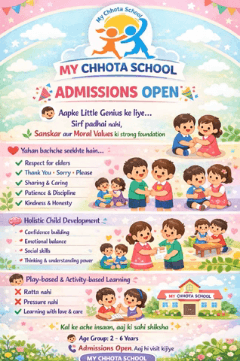 Admissions open now.Happiness classes free for new admissions. pl l visit MY CHHOTA SCHOOL, ujjawal vihar Bina.
contact us: 7007023353.