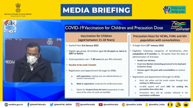 60 से अधिक वर्ष और गंभीर रोगों से ग्रसित लोगों को प्रिकॉशन डोज 10 जनवरी 2022 से लगाई जाएगी।
<nis:link nis:type=tag nis:id=corona nis:value=corona nis:enabled=true nis:link/> virus <nis:link nis:type=tag nis:id=omicron nis:value=omicron nis:enabled=true nis:link/>