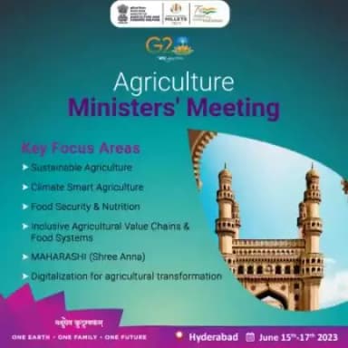 MoA&FW will host the #G20AMM2023 from 15th-17th June, 2023 at Hyderabad with the major focus on sustainable & #climate smart agriculture, #FoodSecurity  & nutrition, value chains & food systems, #MAHARSHI (#ShreeAnna).
