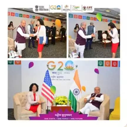 A bilateral meeting between Shri @nstomar, Hon'ble Minister for A&FW, GoI and H.E. Ms. Xochitl Torres Small, Under Secretary of #Agriculture for #Rural #Development of USA 🇺🇸 was held on 16.06.2023 on the sidelines of G20 Agriculture