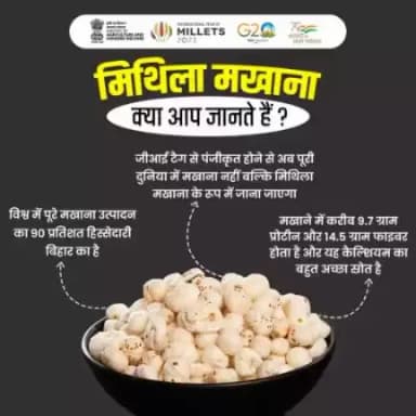 मिथिला क्षेत्र की परंपरागत खेती से प्राप्त होने वाला "मिथिला मखाना", आज सम्पूर्ण दुनिया में #GITag मिलने के बाद अपने पौष्टिक गुणों हेतु पहचाना जा रहा है, यह एक बड़ी उपलब्धि है जो स्थानीय अर्थव्यवस्था को मजबूती भी प्रदान कर रहा है।