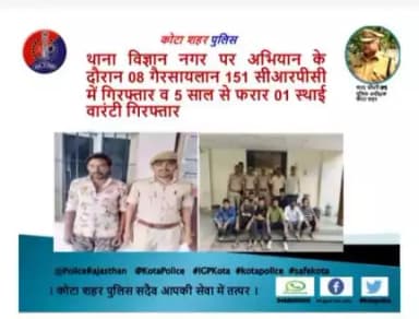 कोटा शहर पुलिस थाना विज्ञान नगर की टीम द्वारा अभियान के दौरान 08 गैरसायलान 151 सीआरपीसी में गिरफ्तार व 5 साल से फरार 01 स्थाई वारंटी को गिरफ्तार किया गया।
। कोटा शहर पुलिस सदैव आपकी सेवा में तत्पर।