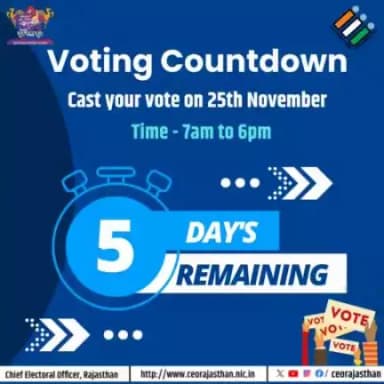 पांच दिन । हर मतदाता का वोट।
 राजस्थान के मतदाता के हाथ में है भविष्य की डोर।
मतदान की तिथि - 25 नवंबर 2023 
समय - प्रातः 7 से सायं 6 बजे तक