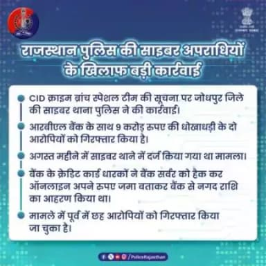 साइबर अपराधियों की अब खैर नहीं। #राजस्थान_पुलिस ने की बड़ी कार्रवाई। #CID की सूचना पर RBL बैंक से 9 करोड़ की ठगी में वांछित दो आरोपी साइबर थाना पुलिस जोधपुर ने किए गिरफ्तार।