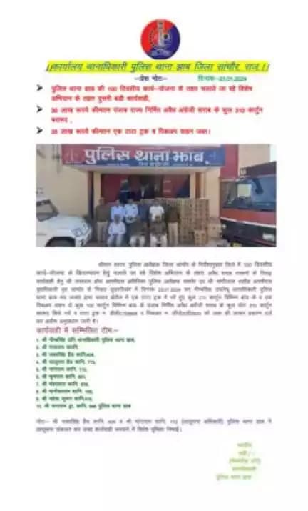 श्रीमान सागर पुलिस अधीक्षक जिला सांचौर के निर्देश अनुसार जिले में 100 दिवसीय कार्य योजना के क्रियान्वयन हेतु चलाए जा रहे विशेष अभियान के तहत अवैध शराब तस्करों के विरुद्ध   पुलिस थाना झाब मय जब्ता  द्वारा की गई कार्यवाही कुल 310 कार्टून शराब