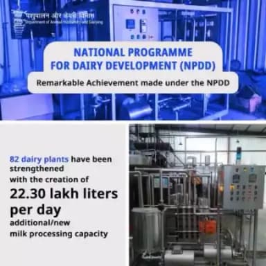 ransforming Dairy Infrastructure: 
A significant stride under the National Programme for Dairy Development (NPDD). Strengthening 82 dairy plants, unlocking an impressive 22.30 lakh liters per day of additional/new #milkprocessing capacity.