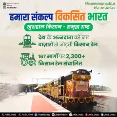 खुशहाल किसान - समृद्ध राष्ट्र!🛤️🌾🚉
🔷 देश के अन्नदाता को नए बाज़ारों से जोड़ती किसान रेल
🔷 167 मार्गों पर 2,300+ किसान रेल संचालित
@pibindia @mib_india #farmerswelfare