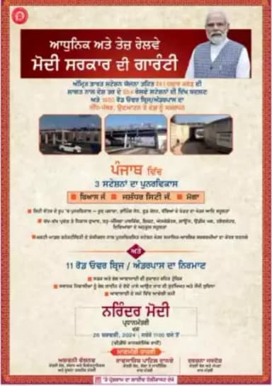 ਆਧੁਨਿਕ ਤੇ ਤੇਜ਼ ਰੇਲਵੇ 
ਮੋਦੀ ਸਰਕਾਰ ਦੀ ਗਾਰੰਟੀ 
ਪੰਜਾਬ ਵਿੱਚ 3 ਸਟੇਸ਼ਨਾਂ ਦਾ ਪੁਨਰਵਿਕਾਸ
#ModiSarkarKiGuarantee #RailInfra4Bharat
@pibindia @mib_india