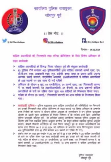 वांछित अपराधियों की गिरफ्तारी तथा एरिया डाॅमिनेशन के लिये विशेष अभियान के तहत कार्यवाही।