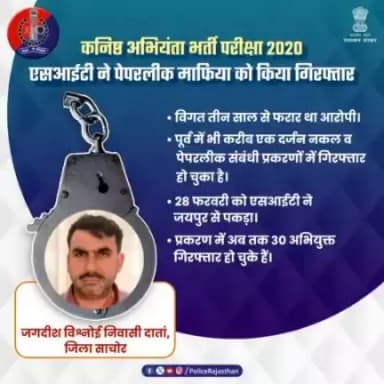 नकल गिरोह पर राजस्थान पुलिस की बड़ी कार्रवाई। 

ADG ATS & SOG श्री वी.के.सिंह ने दी जानकारी।

कनिष्ठ अभियंता भर्ती परीक्षा 2020 का मामला।
