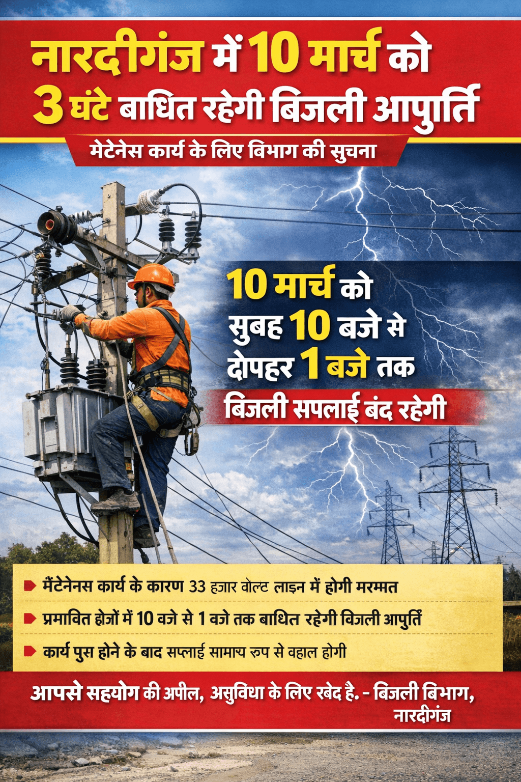 नवादा जिले के नारदीगंज प्रखंड के विद्युत उपभोक्ताओं के लिए आवश्यक सूचना जारी की गई है। बिजली विभाग के जेई नवीन कुमार सिंह ने बताया कि प्रखंड के विभिन्न गांवों में 10 मार्च को 33 हजार वोल्ट बिजली लाइन में मेंटेनेंस का कार्य किया जाएगा।  मेंटेनेंस कार्य के कारण 10 मार्च को सुबह 10 बजे से दोपहर 1 बजे तक बिजली आपूर्ति बाधित रहेगी। इस दौरान संबंधित क्षेत्रों में विद्युत आपूर्ति पूरी तरह बंद रहेगी। विभाग ने बताया कि निर्धारित समय के बाद कार्य पूरा होने पर बिजली आपूर्ति सामान्य रूप से बहाल कर दी जाएगी।  बिजली विभाग ने उपभोक्ताओं से सहयोग की अपील की है, ताकि मेंटेनेंस का कार्य सुरक्षित और सुचारु रूप से पूरा किया जा सके।