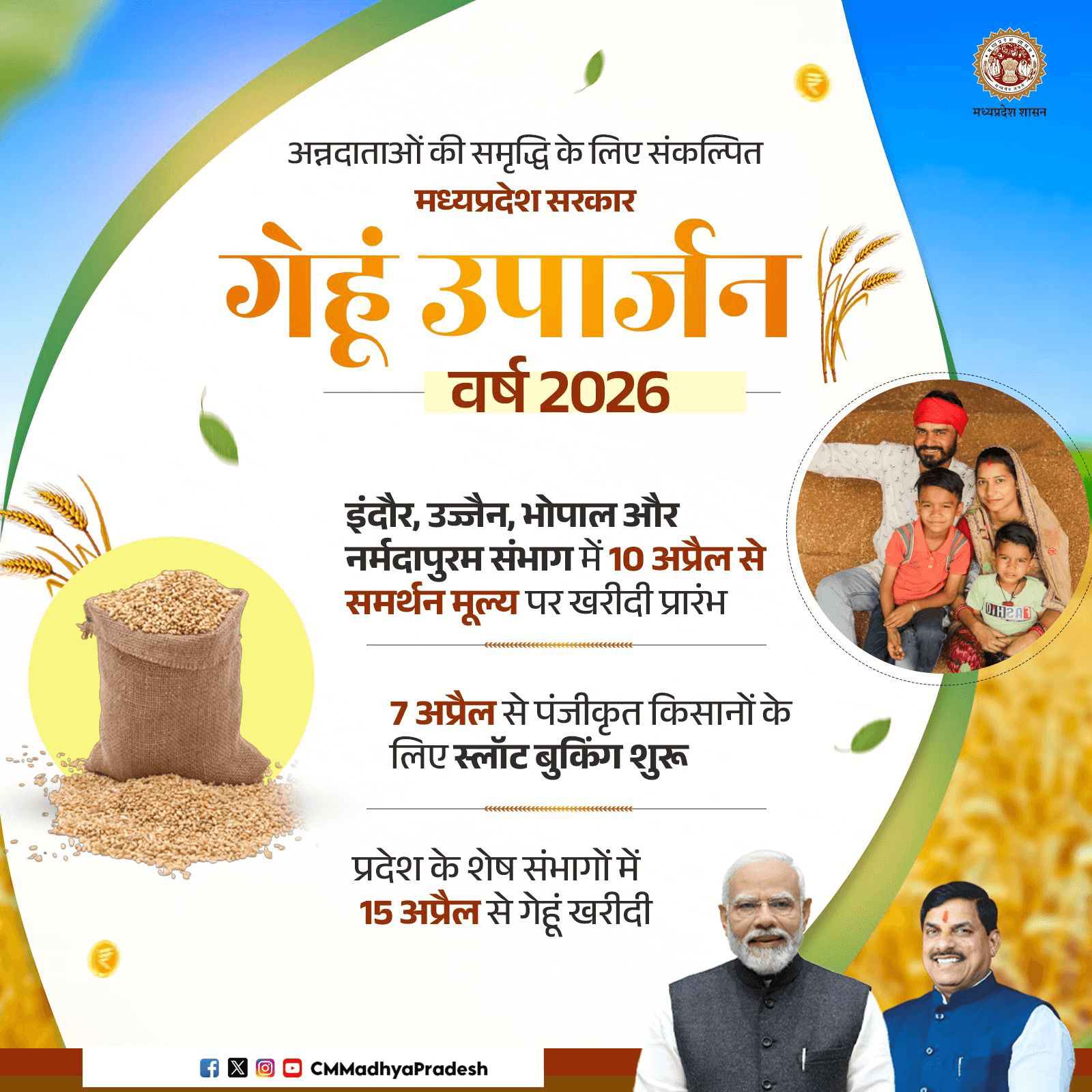 समृद्ध किसान, प्रगतिशील मध्यप्रदेश  'गेहूं उपार्जन वर्ष 2026'  प्रदेश में समर्थन मूल्य पर होगी गेहूं खरीदी  📍इंदौर, उज्जैन, भोपाल एवं नर्मदापुरम संभाग में 10 अप्रैल 2026 से  📍शेष संभागों में 15 अप्रैल से   🗓️ पंजीकृत किसानों के लिए स्लॉट बुकिंग 7 अप्रैल से शुरू