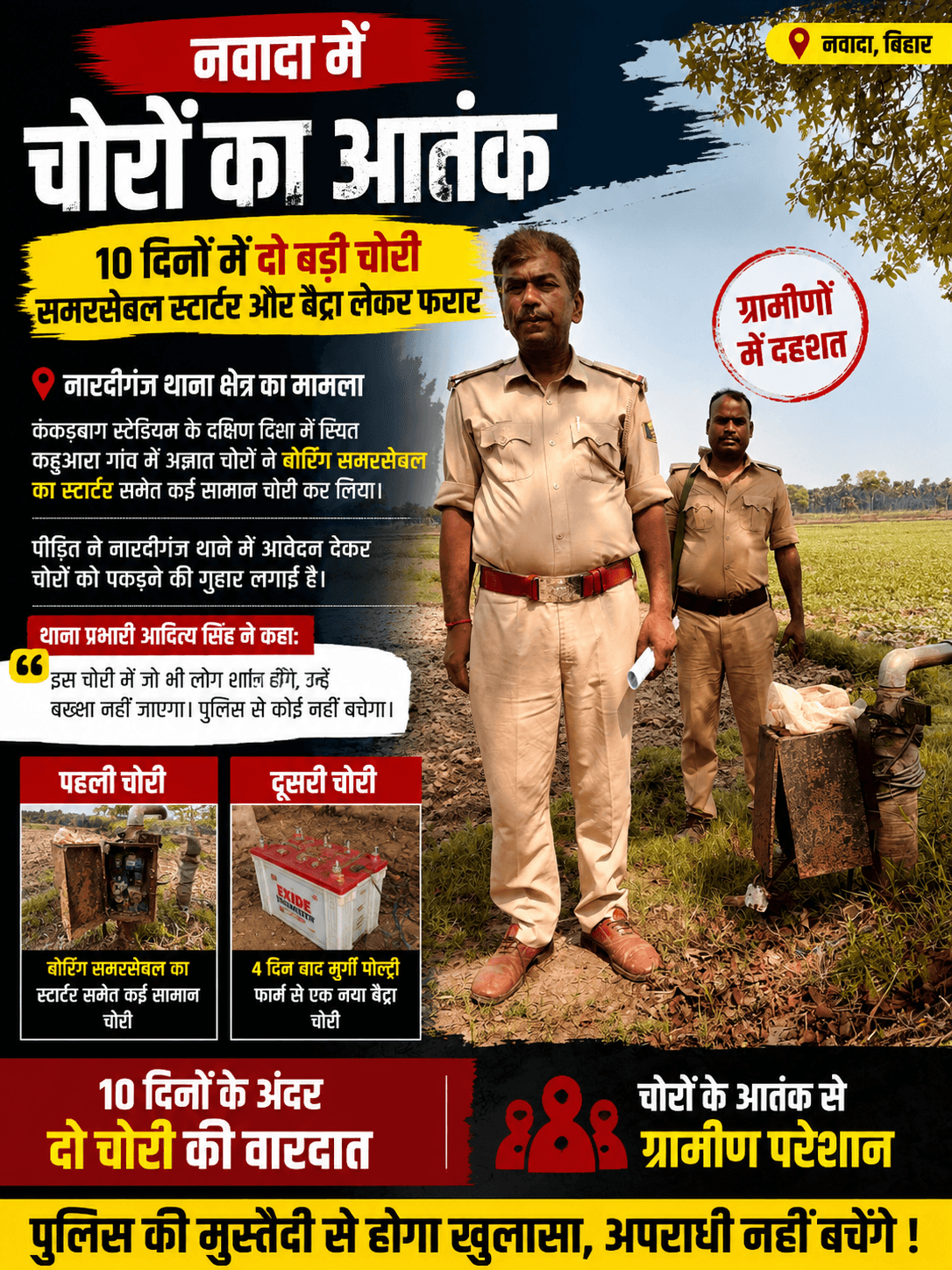 नवादा जिले में चोरी की घटनाएं लगातार बढ़ती जा रही हैं। ताजा मामला नारदीगंज थाना क्षेत्र का है, जहां थाना से महज पांच किलोमीटर दूर कहुआरा गांव में अज्ञात चोरों ने बोरिंग समरसेबल का स्टार्टर सहित कई सामान चोरी कर लिया। यह घटना कंकड़बाग स्टेडियम के दक्षिण दिशा में स्थित क्षेत्र की है।  पीड़ित ने इस मामले को लेकर नारदीगंज थाने में आवेदन देकर चोरों को जल्द पकड़ने की गुहार लगाई है।  इस संबंध में नारदीगंज थाना प्रभारी आदित्य सिंह ने कहा कि इस चोरी में जो भी लोग शामिल होंगे, उन्हें बख्शा नहीं जाएगा और जल्द ही पूरे मामले का खुलासा किया जाएगा।  वहीं, इस घटना के चार दिन बाद ही बोरिंग के पास स्थित एक मुर्गी पोल्ट्री फार्म से एक नया बैट्रा (बैटरी) भी चोरी कर लिया गया।  लगातार 10 दिनों के भीतर दो चोरी की घटनाओं से ग्रामीणों में दहशत का माहौल है। चोरों के बढ़ते आतंक से लोग काफी परेशान हैं और पुलिस से सख्त कार्रवाई की मांग कर रहे हैं।