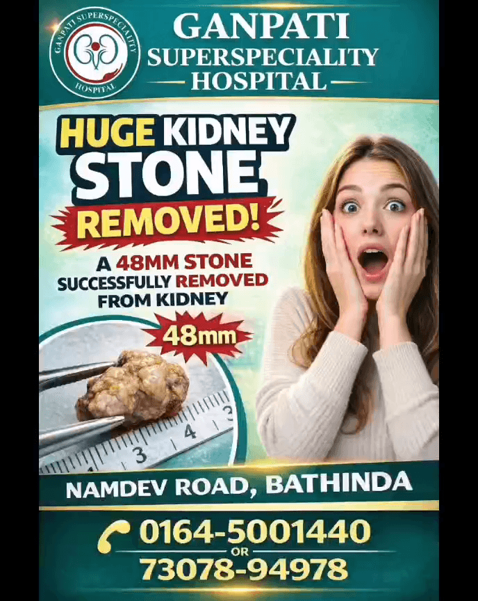 **“48mm किडनी स्टोन का सफल ऑपरेशन — Ganpati Superspeciality Hospital, Bathinda में बड़ी सफलता!” 🏥✨**