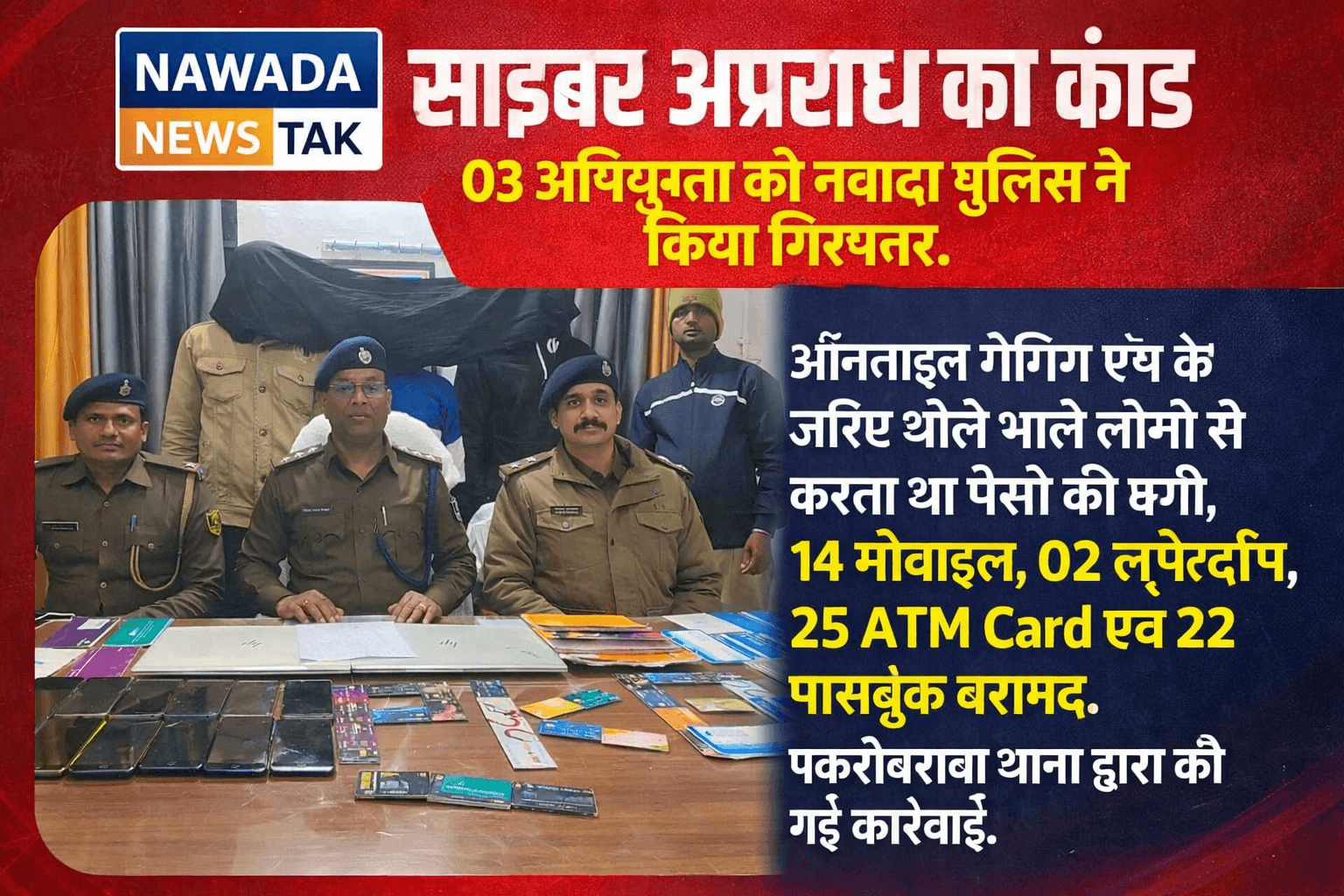 आरोपी ऑनलाइन गेमिंग ऐप के माध्यम से भोले-भाले लोगों से पैसों की ठगी किया करते थे। पुलिस ने इनके पास से 14 मोबाइल फोन, 02 लैपटॉप, 25 एटीएम कार्ड एवं 22 बैंक पासबुक बरामद की हैं।इसके अतिरिक्त 02 चेकबुक, विभिन्न कंपनियों के 16 सिम कार्ड, 01 एयरटेल का राउटर एवं 03 डाटा शीट रजिस्टर भी जब्त किए गए हैं।  यह कार्रवाई पकरीबरावां थाना पुलिस द्वारा की गई। *✍️सोनू सिंह (Sonu Singh Journalist)*  #nawadanewstak