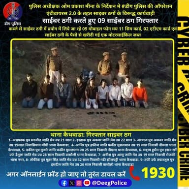पुलिस अधीक्षक ओम प्रकाश मीना के निर्देशन मे #डीग पुलिस की ऑपरेशन एंटीवायरस 2.0 के तहत कार्यवाही
साईबर ठगी करते हुए 09 स...