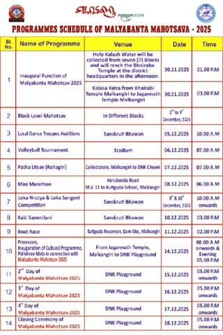 ମାଲକାନଗିରି: ମାଲ୍ୟବନ୍ତ ମହୋତ୍ସବ ସାଂସ୍କୃତିକ କାର୍ଯ୍ୟକ୍ରମ ପାଇଁ ନିୟମାବଳୀ ଜାରି