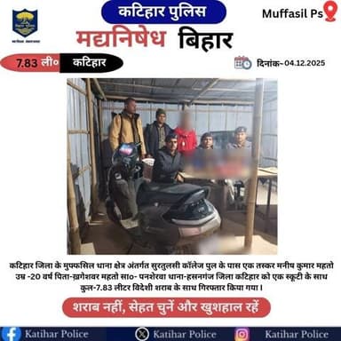 कटिहार जिला के मुफ्फसिल थाना पुलिस द्वारा नशे के विरुद्ध कार्रवाई करते हुए 07.83 लीटर विदेशी शराब के साथ एक तस्कर गिरफ्तार किया गया I