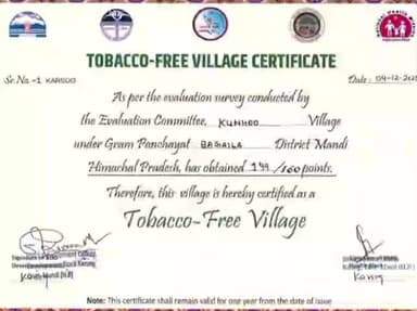 करसोग: तम्बाकू मुक्त युवा अभियान 3.0 के तहत करसोग खंड का पहला तंबाकू मुक्त गांव बना कुन्हू, प्रमाण पत्र भी हुआ जारी