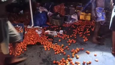 நத்தம்: அந்தோனியார் மேல்நிலைப்பள்ளி அருகே தக்காளி ஏற்றி வந்த வேன் கவிழ்ந்து விபத்து - சாலையில் சிதறிய தக்காளிகள்