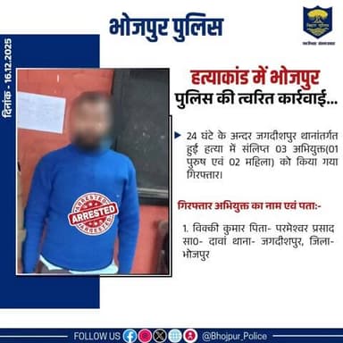 हत्याकांड में #भोजपुर_पुलिस की त्वरित कार्रवाई.....
24 घंटे के अन्दर जगदीशपुर थानान्तर्गत हुई हत्या में संलिप्त 03 अभियुक्त को किया गया गिरफ्तार।
"भोजपुर पुलिस सदैव आपकी सेवा में तत्पर"
#HainTaiyaarHum #BiharPolice #Bihar